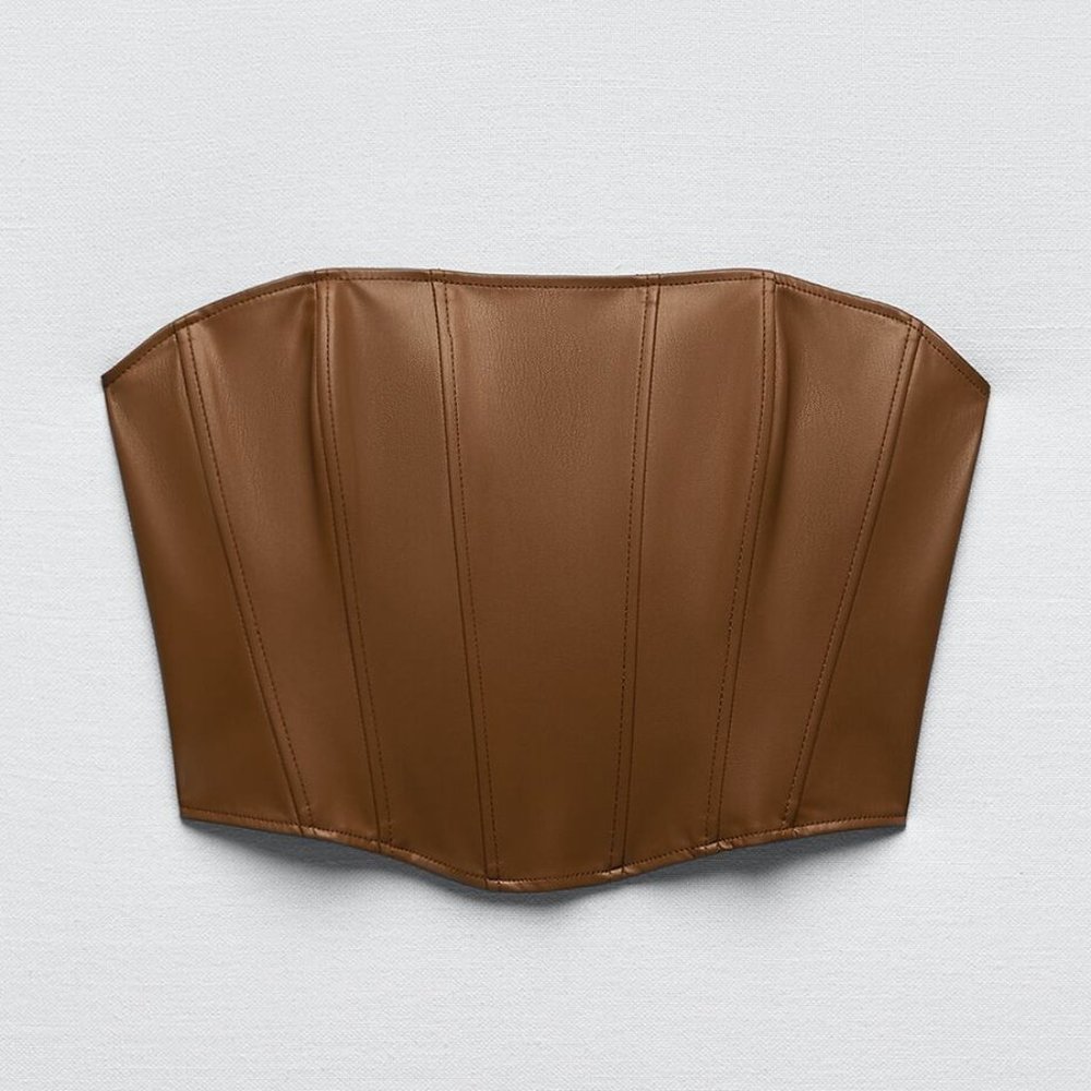 ZARA FAUX LEATHER CORSET TOP BROWN CARAMEL REF. 2257/322 | Sz: Small | EUC